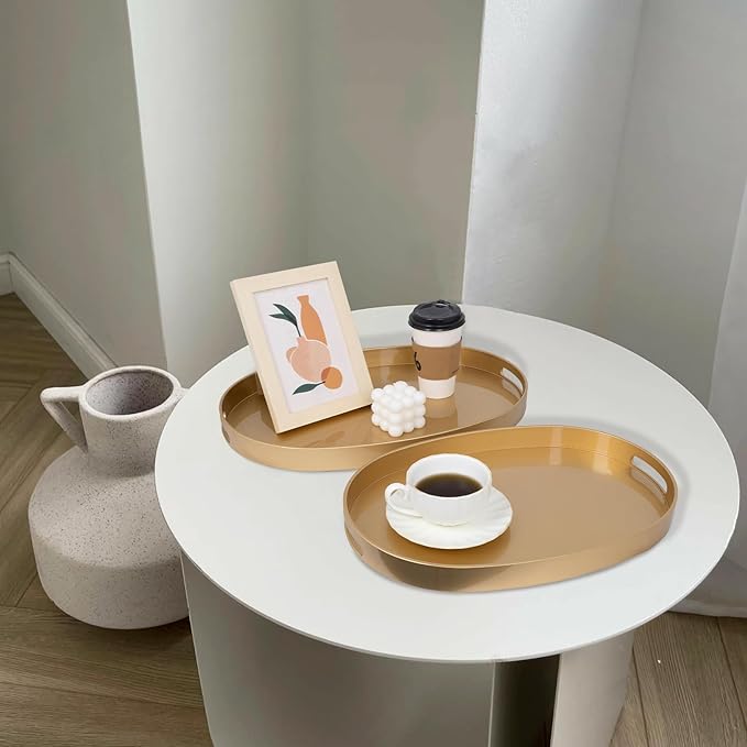 MAONAME Gold Serving Trays with Handles, Oval Decorative Trays for Coffee Table, Nesting Trays Set of 2, Plastic Vanity Trays for Ottoman, Living Room