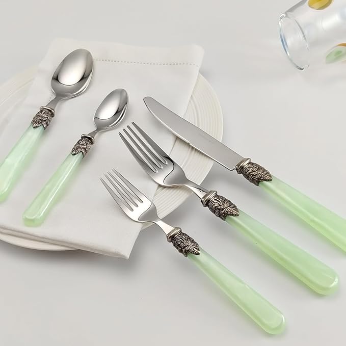 REVERIE Collection 20-piece 18/10 Stainless Steel Vintage Flatware set,Sliverware set Service for 4,Dishwasher safe(20, Green)