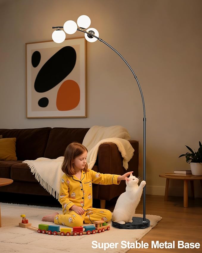 Lightdot Black Arc Floor Lamp for Living Room, 4 Globe Floor Lamp with Shatterproof Shade& Mable Base, Mid Century Modern Tall Standing Lamp for Bedroom/Home Office(Bulbs Included)