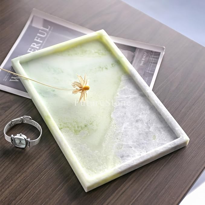 Real Luxurious Natural Marble Vanity Tray Genuine Marble Storage Tray for Home Decor Stone Tray for Bathroom/Kitchen/Vanity/Dresser,Plate Holder for Tissues, Candles, Towel