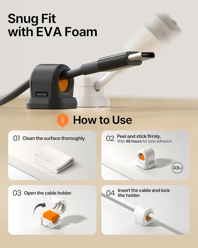 6 Pack Sinjimoru Magnetic Cable Clips, Compact Size Cord Organizer & Cable Management for Desk, Nightstand & Car, Fits up to 7.5mm Cables, Black