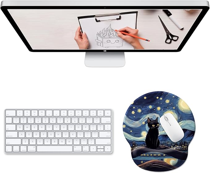 Black Cat Ergonomic Mouse Pad Wrist Support, Starry Night Gel Mouse Pads with Wrist Rest, Cute Computer Mousepad for Desk with Non-Slip PU Base, Comfortable Mouse Pad Office Desk Accessories