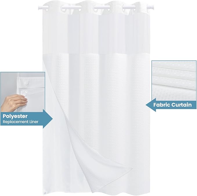 White Stall No Hook Shower Curtain with Snap in Liner,230GSM Waffle Weave Shower Curtains for Bathroom,54W x 80H