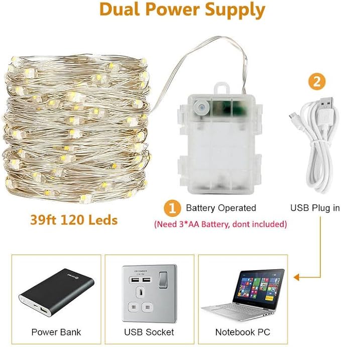USB and Battery Operated Fairy Lights, 39Ft 120 LED Color Changing Fairy Lights with Remote and Timer, Battery Powered Twinkle String Lights for Bedroom, Party, Indoor Christmas Party Halloween Decor