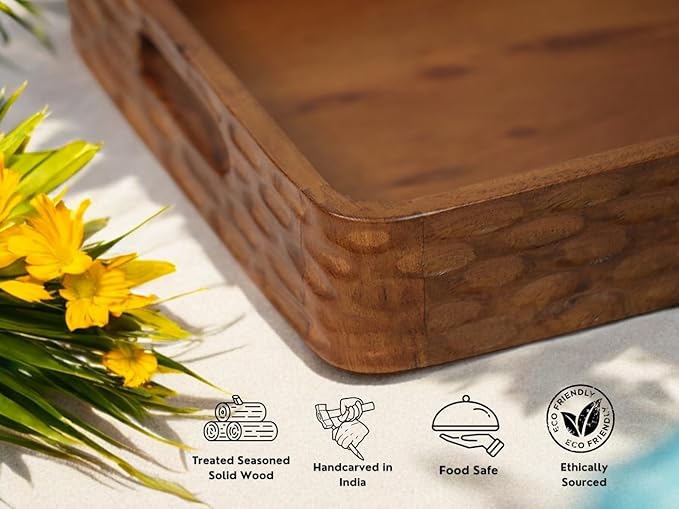 Vesta Homes Acacia Wood Serving Tray for Home/Kitchen/Restaurant/Office Organizer/Dining Table | Premium Serving Trays | 38 x 25 x 5 cm | Handcrafted in India