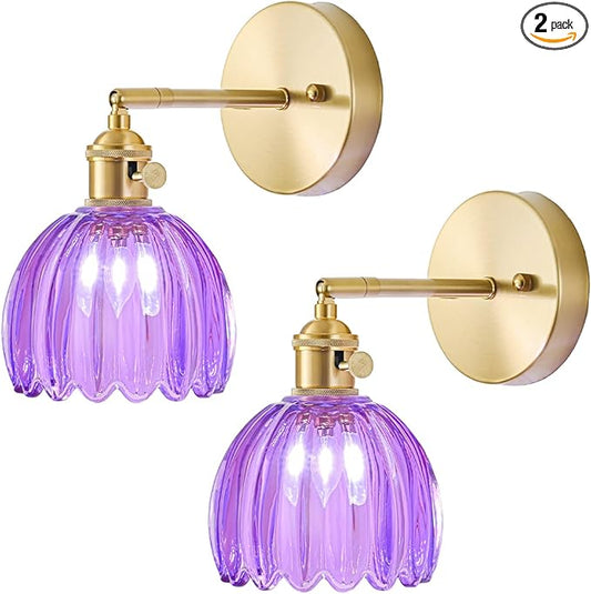 Wall Sconces Set of Two Hardwired, Vintage Sconce Light with Tulip Purple Glass Lampshade, Bathroom Wall Lights with Switch, Gold Wall Light Sconces Wall Decor Set of 2