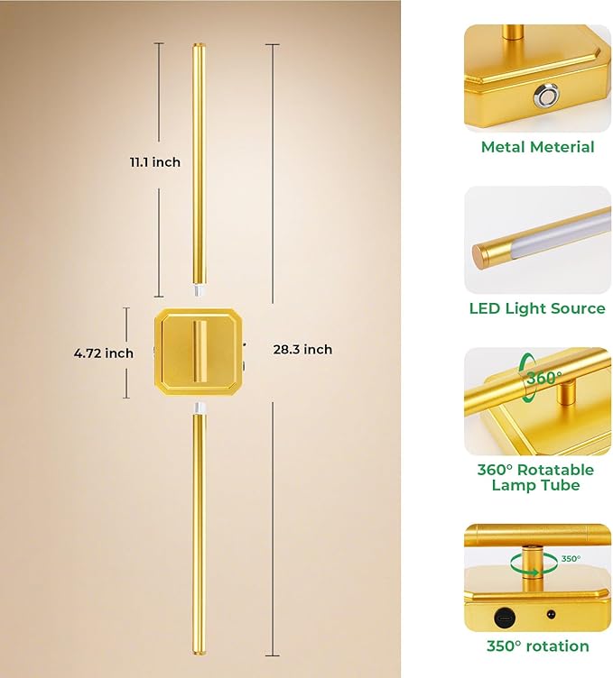 10000mAh Detachable Battery Operated Wall Sconce Set of 2, Wireless Wall Lamp 3000-6500K Dimmable, Rechargeable Wall Light for Bedroom, Living Room, 28.3" Gold