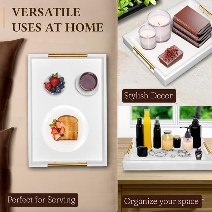 Serving Tray with Handles – 17 x 12 x 2 Inch White Acacia Wood Ottoman Tray Table Decorative – Coffee Trays Wood Decor for Kitchen – Breakfast in Bed Trays with Golden Metal Handles (White)