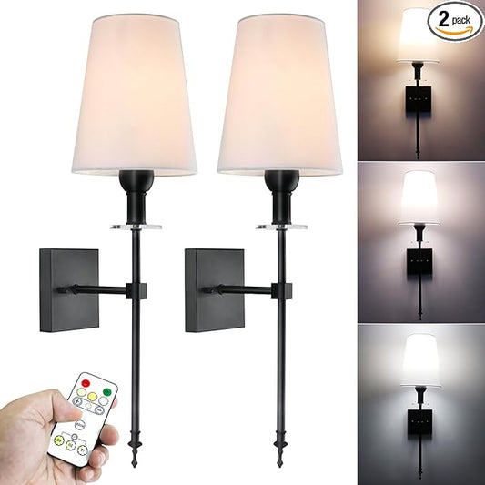 TOOTOO STAR Battery Operated Wall Sconce Set (2pcs), Non-Hardwired Dimmable Battery Powered for Bedroom, Living Room, Fireplace, Reading Room, Hallway