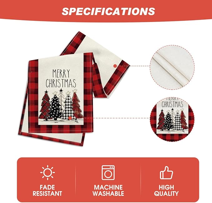 Artoid Mode Watercolor Red and Black Buffalo Plaid Christmas Trees Merry Xmas Table Runner, Seasonal Winter Holiday Kitchen Dining Table Decoration for Indoor Outdoor Home Party Decor 13 x 108 Inch