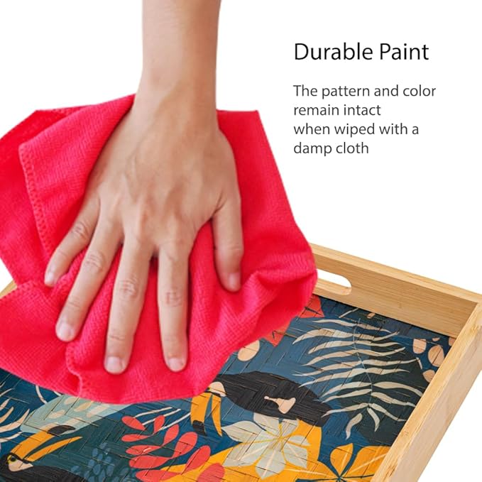 PEMAR 12.2" Square Bamboo Art Decor Tray with Handle, Food Drink Serving Tray for Breakfast Lap Bed Eating. Pattern Printed on Bamboo. Decorative Catchall Coffee Table Entryway Nightstand (Toucan)