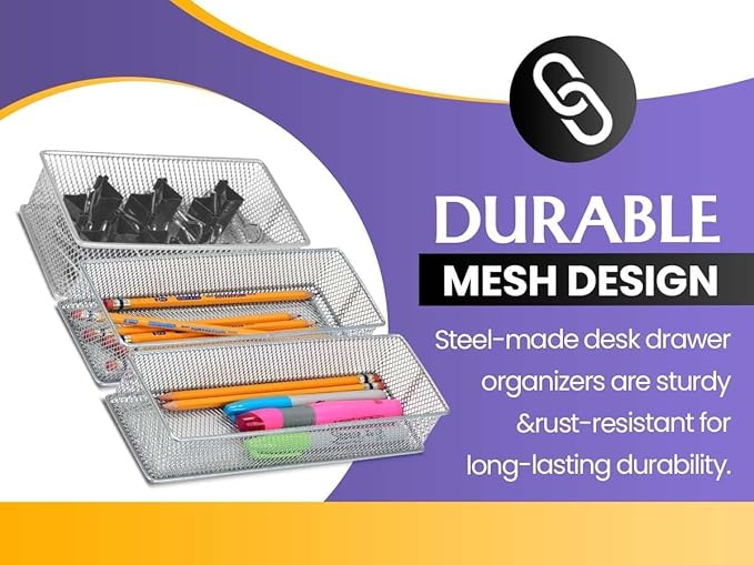 YBM HOME Silver Mesh Drawer Cabinet and or Shelf Organizer Bins, School Supply Holder Office Desktop Organizer Basket (12, 6x9x2 Inch)