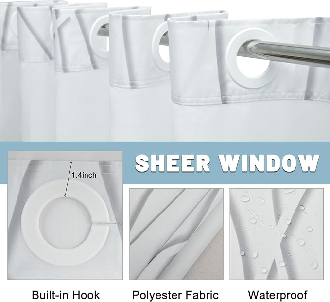 No Hook Grey Shadow Striped Shower Curtain with Snap in Liner Set - Hotel Shower Curtain and Liner Set with See Through Mesh Top Window,Machine Washable, 71x74 INCH