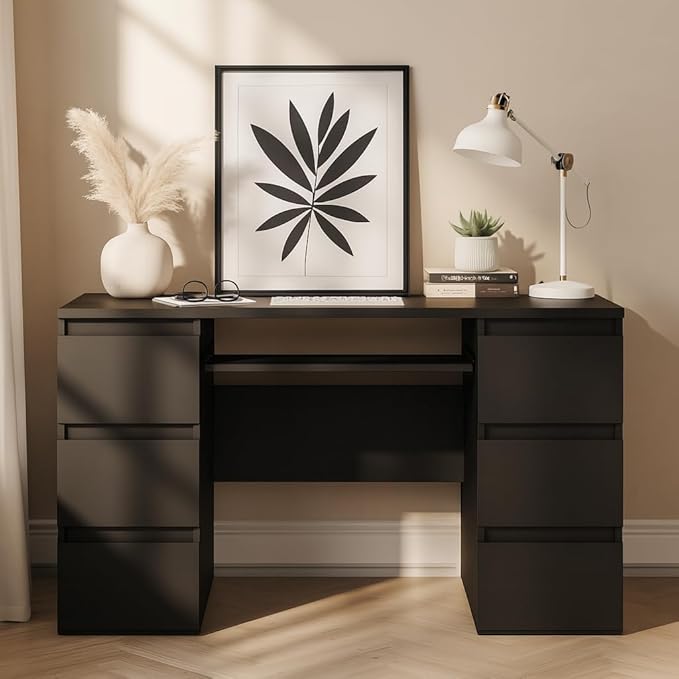 47'' Computer Desk with 6 Drawers and Keyboard Shelf, Modern Wood Writing Desk with Storage for Home Office, Bedroom, Gaming, Study, or Vanity Table – Black