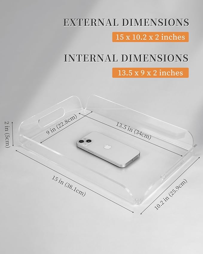 Clear Acrylic Serving Tray 15x10.2 Inches - Heat Bent Design for Coffee Table, Bakery, Vanity, and Kitchen - Durable Organizer for Food, Drinks, and Décor
