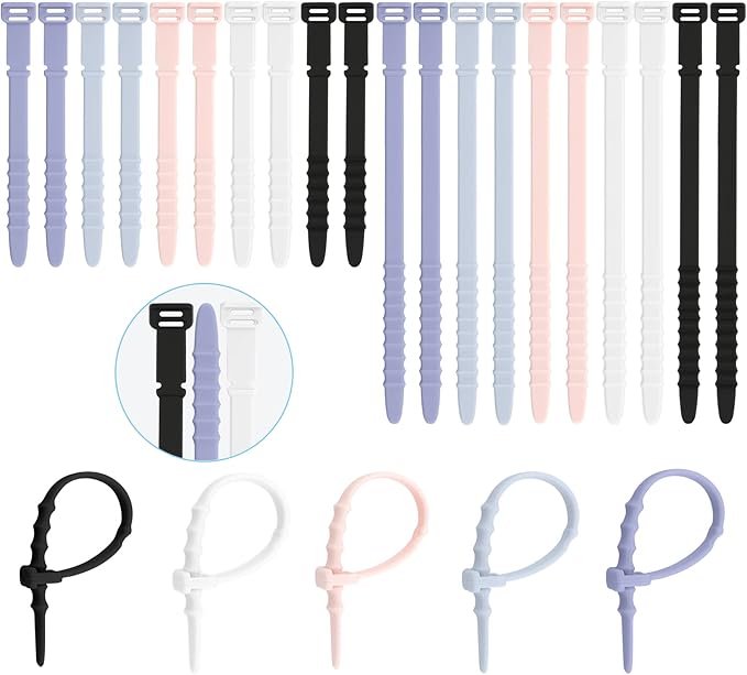 Silicone Zip Ties, Reusable Zip Ties, Rubber Cable Ties for Cable Management, Everyday Essentials,Travel Essentials,Office Camping Accessories,Elastic Cord Ties,Multicolor Cable Straps in Two Sizes