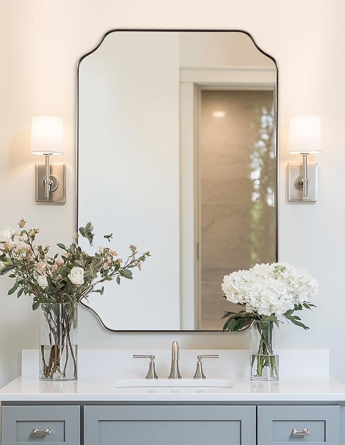 ANDY STAR Scalloped Bathroom Mirror, 24x36 Inch Brushed Nickel Rectangle Mirror, Silver Bathroom Vanity Mirror, Silver Framed Mirror in Anti-Rust Stainless Steel Metal, Thin Frame Deep 1’’