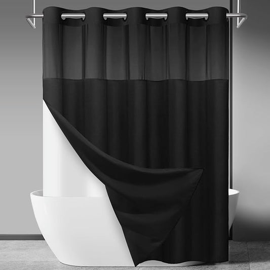 No Hook Slub Textured Shower Curtain with Snap in Liner - Black Fabric Outer Curtain & Waterproof Inner Liner, Hotel Style with See Through Top Window, 71x77 in