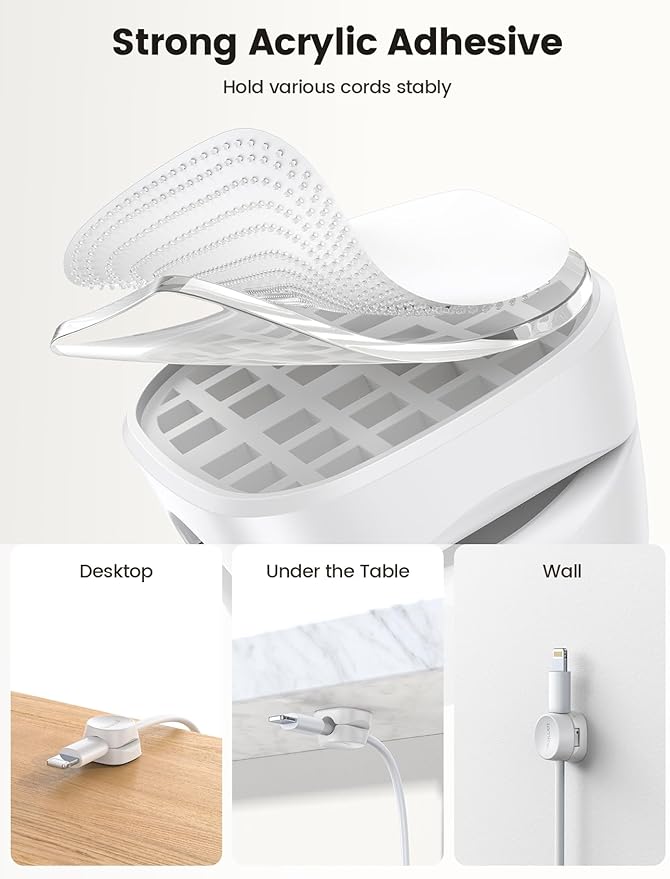 8Pack Cord Organizer [1s Lock] Spring Cable Management Clips - Lamicall Desk Cord Holder, Adhesive Cute Round Cable Clip, Phone Charger Wire Organizer Keeper for Nightstand Car Office Accessory, White