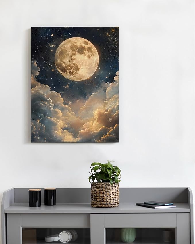 Aesthetic Celestial Moon Wall Art Decor Night Sky Moon Dark Academia Canvas Print Poster Framed Picture Painting for Home Living Room Bedroom Wall Decor 11x15 Inch