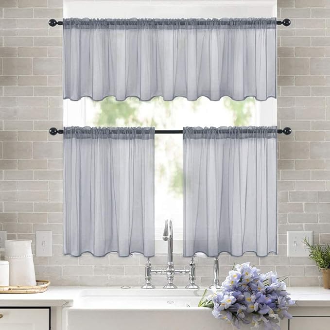 MIULEE 2 Panels Kitchen Tiers Half Window Sheer Curtains Rod Pocket Translucent Voile Drapes for Kitchen Bathroom Small Windows 29 by 36 Inch Dark Grey