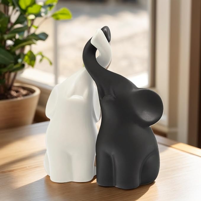 OwMell Set of 2 Loving Elephant Statue Figurine, 6" Elephant Ring Holder, Gifts for Couples Home Lucky Decor - Matte