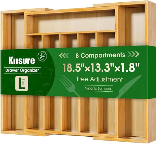 Kitsure Large Thickened Silverware Organizer - Expandable Bamboo Kitchen Drawer Organizer for Cooking Utensils and Cutlery, Sturdy Kitchen Organizers and Storage Solution, 18.5"×13.3"×1.8"