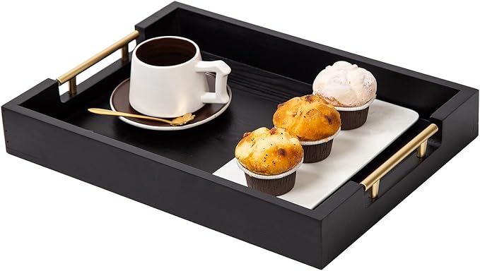 Decorative Coffee Table Ottoman Trays Modern Wood Elegant 16"x12" Rectangle Glossy Shagreen Serving Trays with Gold Metal Handles -Drinks, Liquor Serving Platter for All Occasion's(Black)