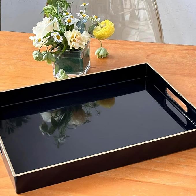 Black Sturdy Acrylic Serving Tray with Handles-15.7x11.8Inch, Morden Plastic Rectangular Serving Tray for Coffee Table Bathroom, Ottoman, Home Decor