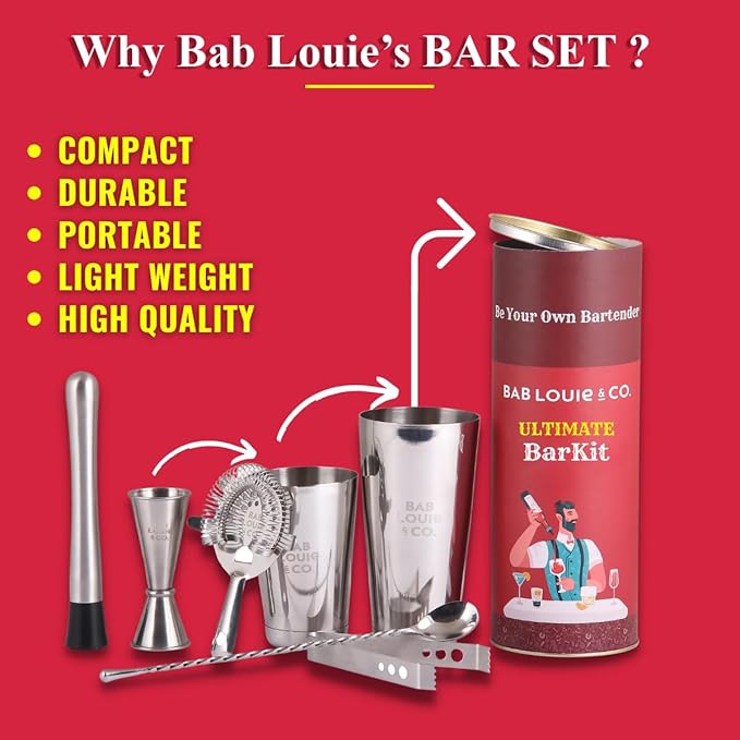Bab Louie & Co. Bar & Cocktail Set, Ultimate BarKit, Cocktail Shaker Sets for Drink Mix, Set of 6 Stainless Steel & Anti Rust Bar Accessories, BarKit for Gift, Best Gifts for Bartender