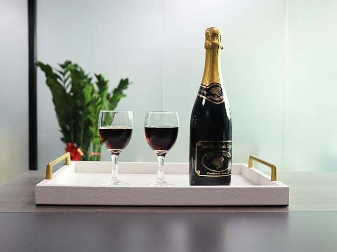 MCBZ Home Decor Rectangular Decorative Tray, Wooden Leather Serving Tray with Gold Hardware Carrying Handles, Suitable for Party Birthday Wedding Family All Occasions 16.5 * 12.6"（Creamy White）