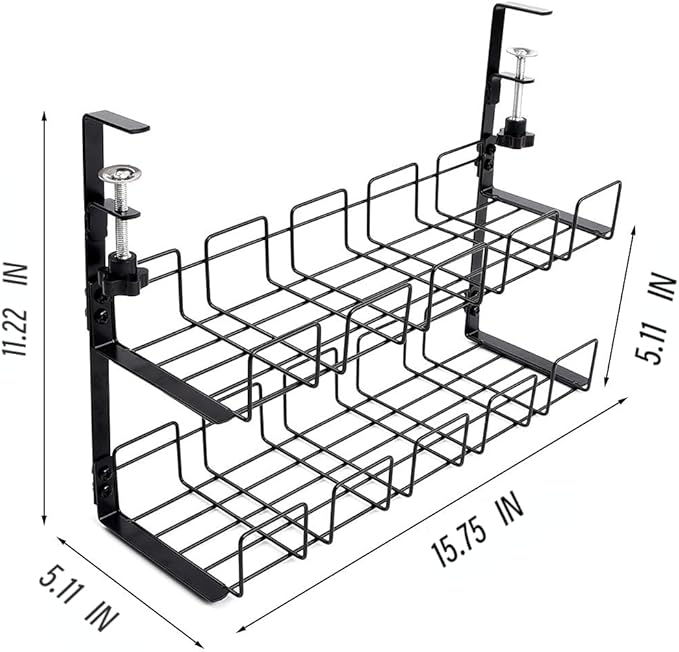 Metal Under Desk Cable Management Tray No Drill, 2-storey, Retractable Power Strip Holder with Clamps Tray with Desk Wire Management and Cord Organizer for Home Office (Black, 2L)