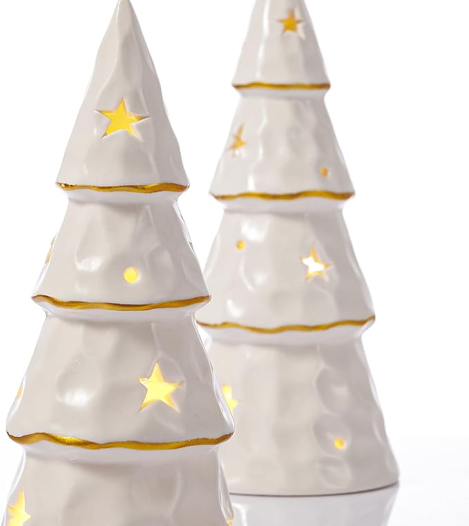 DN DECONATION White Christmas Ceramic Tree with Lights, Prelit Porcelain Tabletop Xmas Trees, 2Pcs Battery-Operated Christmas Tree Figurines for Christmas Mantel Desk Table Centerpieces Decor