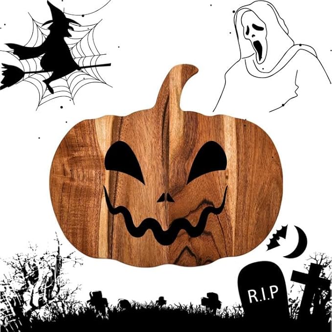 Halloween Pumpkin Shaped Wood Cutting Board for kitchen Decoration, Gothic Cutting Boards with Handle, Charcuterie Wooden Boards, Serving Platter (Pumpkin Board 12"L x 13"W)