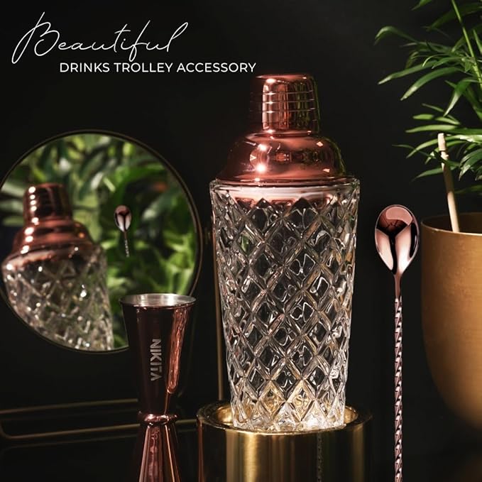 Rose Gold Cocktail Shaker Glass Set - 5 Piece Martini Shaker Set with Strainer, Jigger, Spoon & Muddler - 16oz Crystal Shaker - Ideal Gift for Home Bar & Drink Trolley Décor