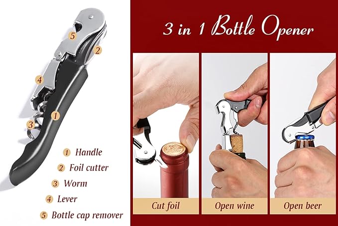 Professional Waiter Corkscrew Wine Openers Set (4 PCS),Upgraded with Heavy Duty Stainless Steel Hinges Wine Key for Restaurant Waiters, Sommelier, Bartenders