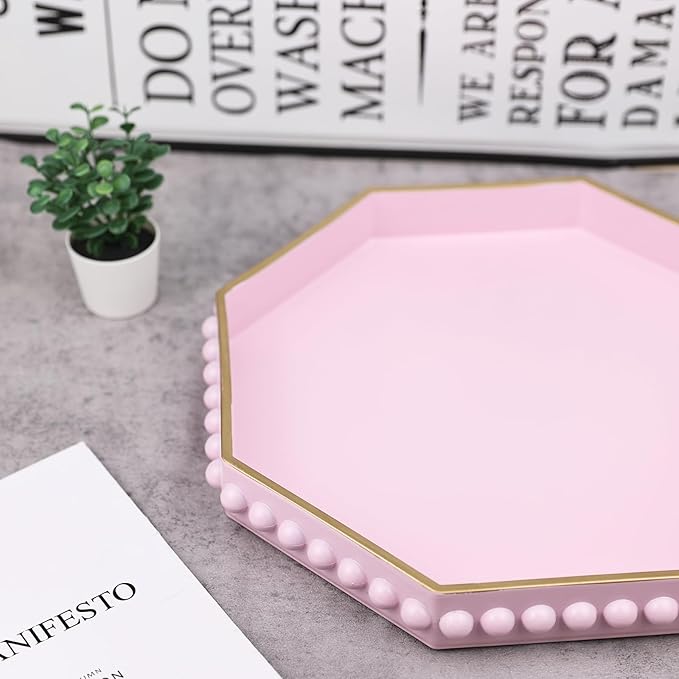 Pink Serving Tray for Coffee Table, Octagonal Beaded Plastic Decorative Tray for Ottoman, Kitchen Counter, Living Room, Outdoor Lacquer Tray for Entertaining