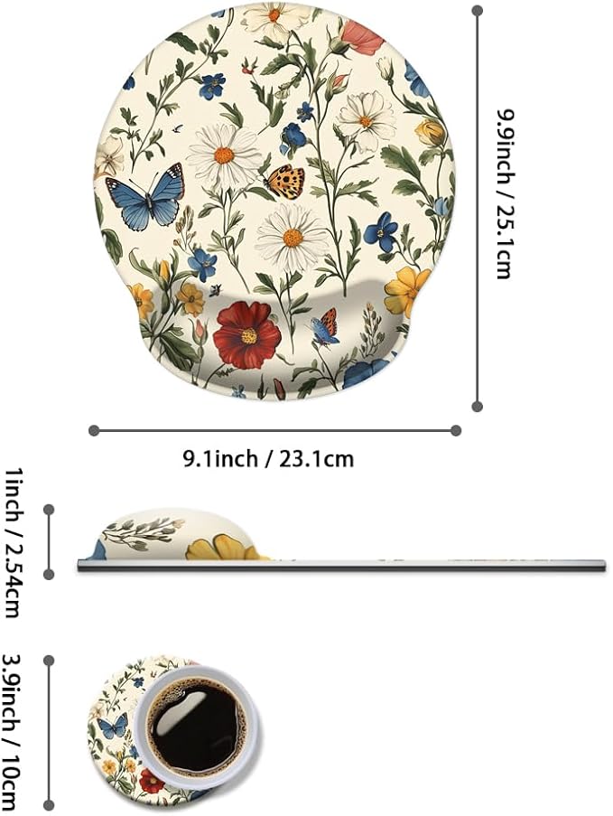 Mouse Pad with Wrist Support, Ergonomic Mouse Pad with Memory Foam Wrist Rest Cushion, Non-Slip Rubber Base Gaming Mice Pad for Home Office Computer Laptop,Floral Butterfly