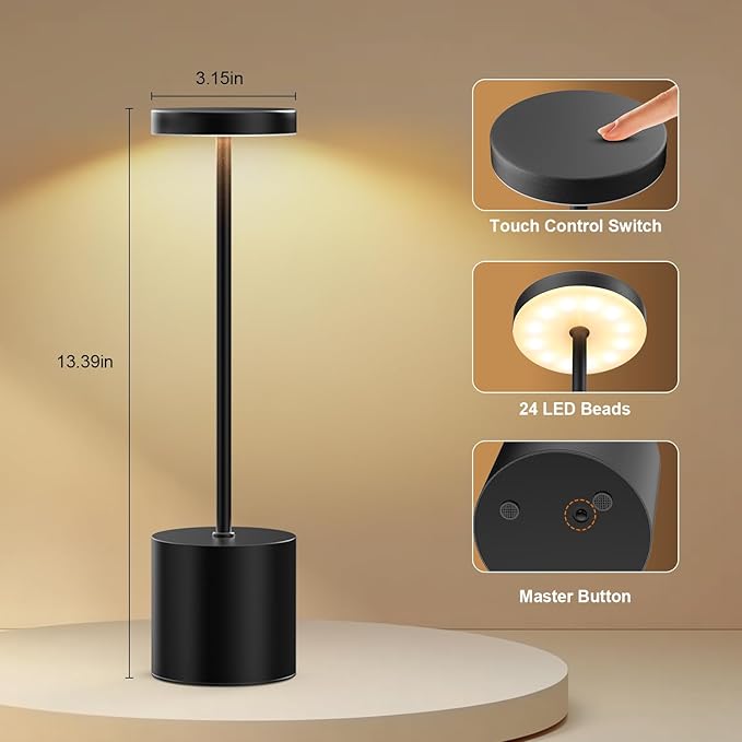 Rechargeable Table Lamp –Outdoor Touch Cordless Desk Lamps, 5000mAh Battery Operated Lamp with 3-Color Dimmable Light, Portable LED Lamp for Bedroom, Dining Room, Patio, Outdoor (Black)