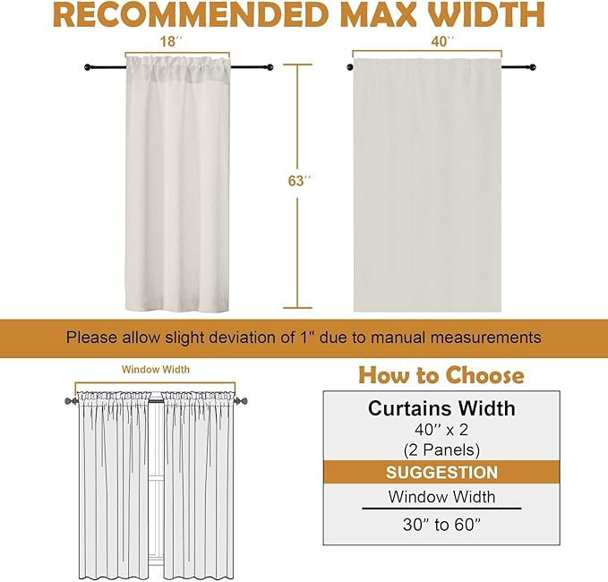 Aiyufeng Natural Room Darkening Curtains for Bedroom 63 Inch Length 2 Panels Set, Solid Thermal Insulated Energy Saving Rod Pocket Window Treatment Curtains Blackout Drapes, W40 x L63 Inch, Natural