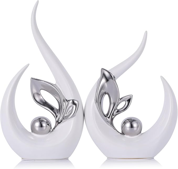 9.4" H White Silver Abstract Sculptures Home Decor, Ceramic Art Statue Cool Stuff to Put on Shelves&tv Stand Decor, Silver Accent Entertainment Center, for Fireplace Coffee Table Dining Table Decorate