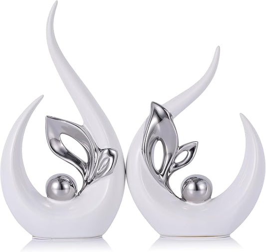 9.4" H White Silver Abstract Sculptures Home Decor, Ceramic Art Statue Cool Stuff to Put on Shelves&tv Stand Decor, Silver Accent Entertainment Center, for Fireplace Coffee Table Dining Table Decorate