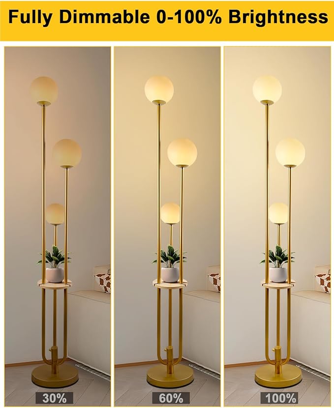 63IN Dimmable Floor Lamp with Shelf, Unique Globe Gold Tall Standing Lamps Candle Holder Style, 3000K Warmwhite Mid Century Modern Floor Lamp for Living Room Home Office(Bulbs Included)