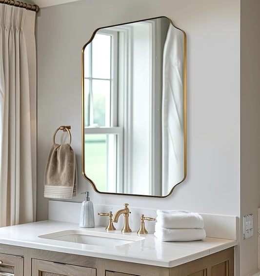 ANDY STAR 26"x38" Gold Mirror, Brushed Brass Scalloped Wall Mirror, Unique Rectangle Mirror, Bathroom Mirror in Anti-Rust Stainless Steel Metal Frame, 1’’ Deep Wall-Mounted Vertically/Horizontally