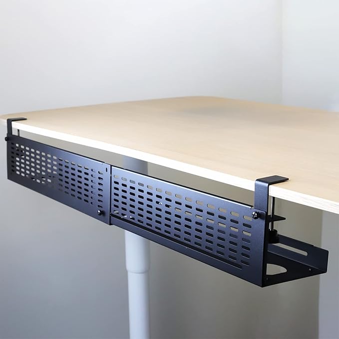 AEONS Under Desk Cable Management Tray Kit - Horizontal Adjustable up to 41” Removable C Clamp Mount Reversible Computer Cord Raceway and Modesty Panel for Large Table, Black