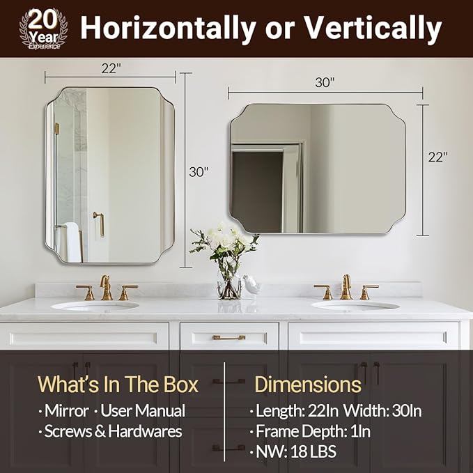 ANDY STAR Chrome Bathroom Mirror, 22x30 Inch Polished Chrome Rectangle Mirror, Scalloped Bathroom Mirror with Stainless Steel Metal Frame, Ideal for Bathroom, Living Room