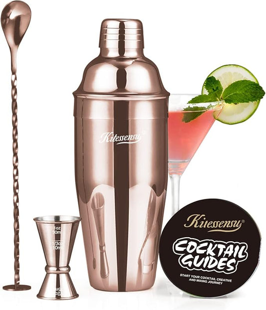 KITESSENSU Cocktail Shaker Set, Stainless Steel Bartending Kit with 25 Ounce Cocktail Shaker with Built in Drink Strainer, Measuring Jigger, Mixing Spoon & Drink Recipe Guide, Rose Gold