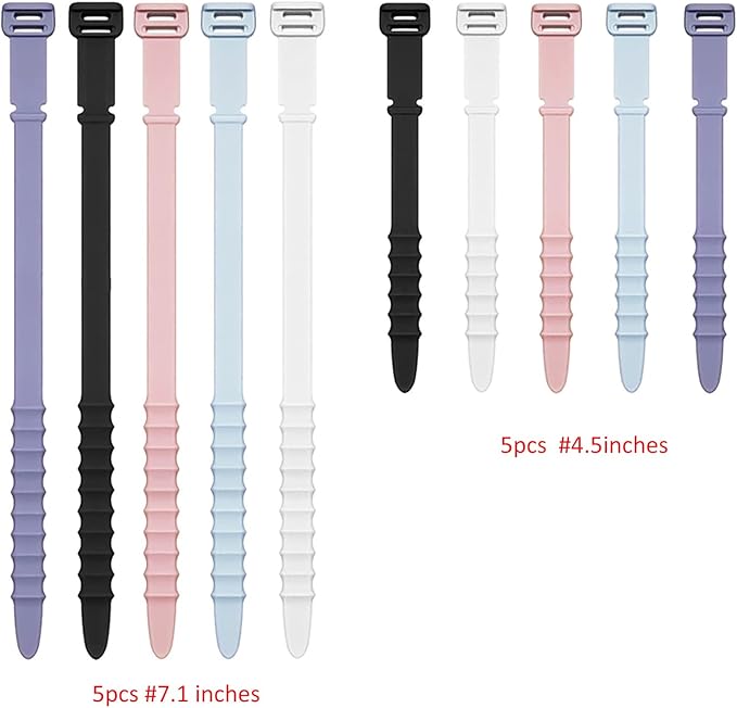 Silicone Zip Ties, Reusable Zip Ties, Rubber Cable Ties Straps for Wire Management, Elastic Silicone Ties Cable Organizer for Home Office, Multicolor Cord Ties in Two Sizes 4.5" and 7.1" (5+5 Pcs)