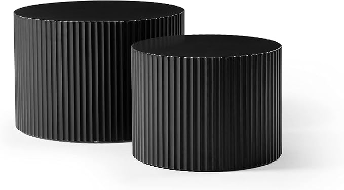 Nesting Coffee Tables Set of 2, Black Round Coffee Tables for Living Room Modern Fluted Tea Tables 23.6" Wooden Drum Accent Tables for Living Room, No Assembly Required (Black)