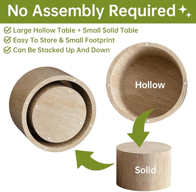 Round Nesting Coffee Table Set of 2 Small Round Coffee Tables for Living Room Modern Fluted Coffee Table Circular End Table Side Table for Small Spaces No Assembly (Travertine, 27 in)